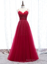 Burgundy Tulle Spagehtti Straps Beading Prom Dress